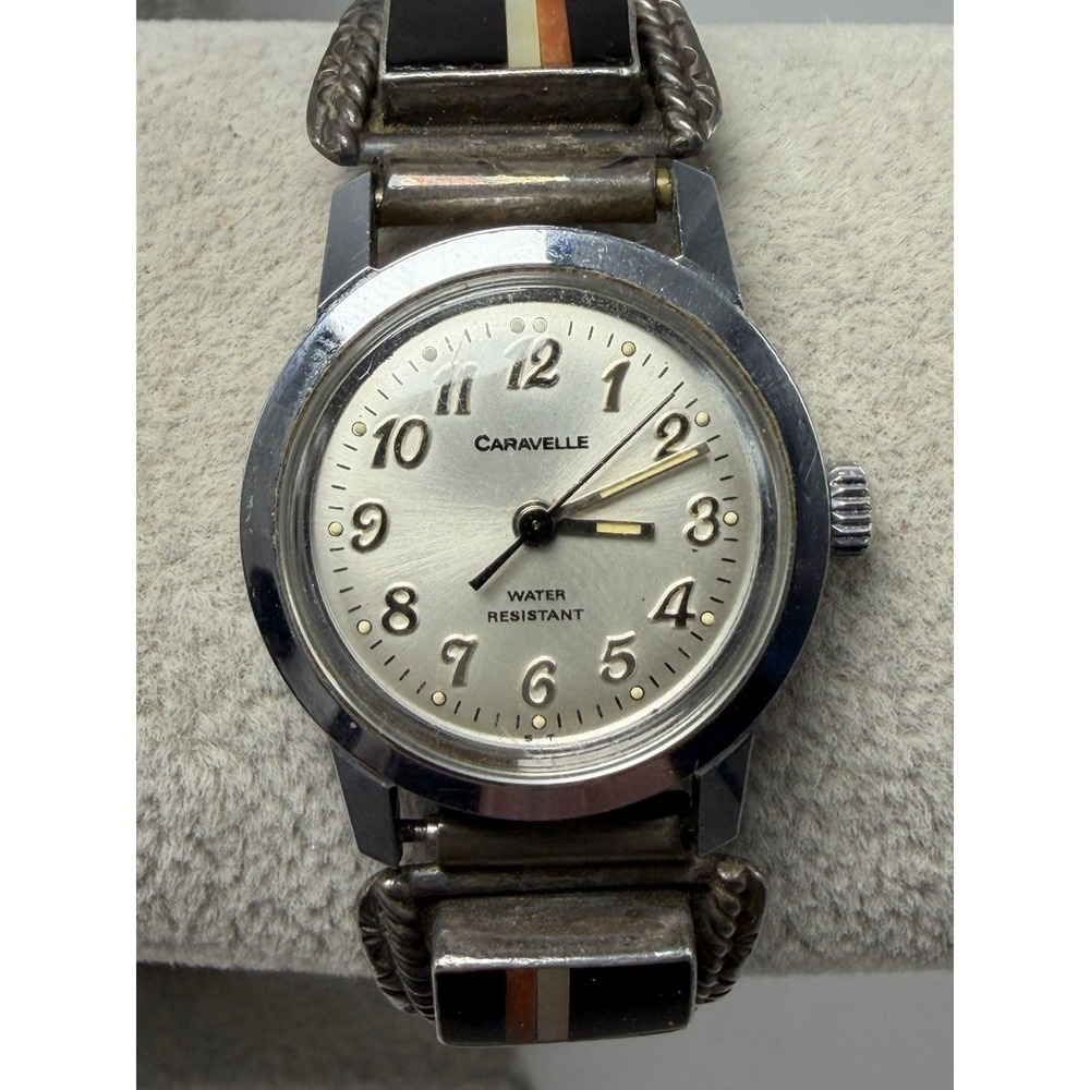Caravelle Native Indian Style Band Sterling Silver 24MM 5.75" Inlay Manual Wind